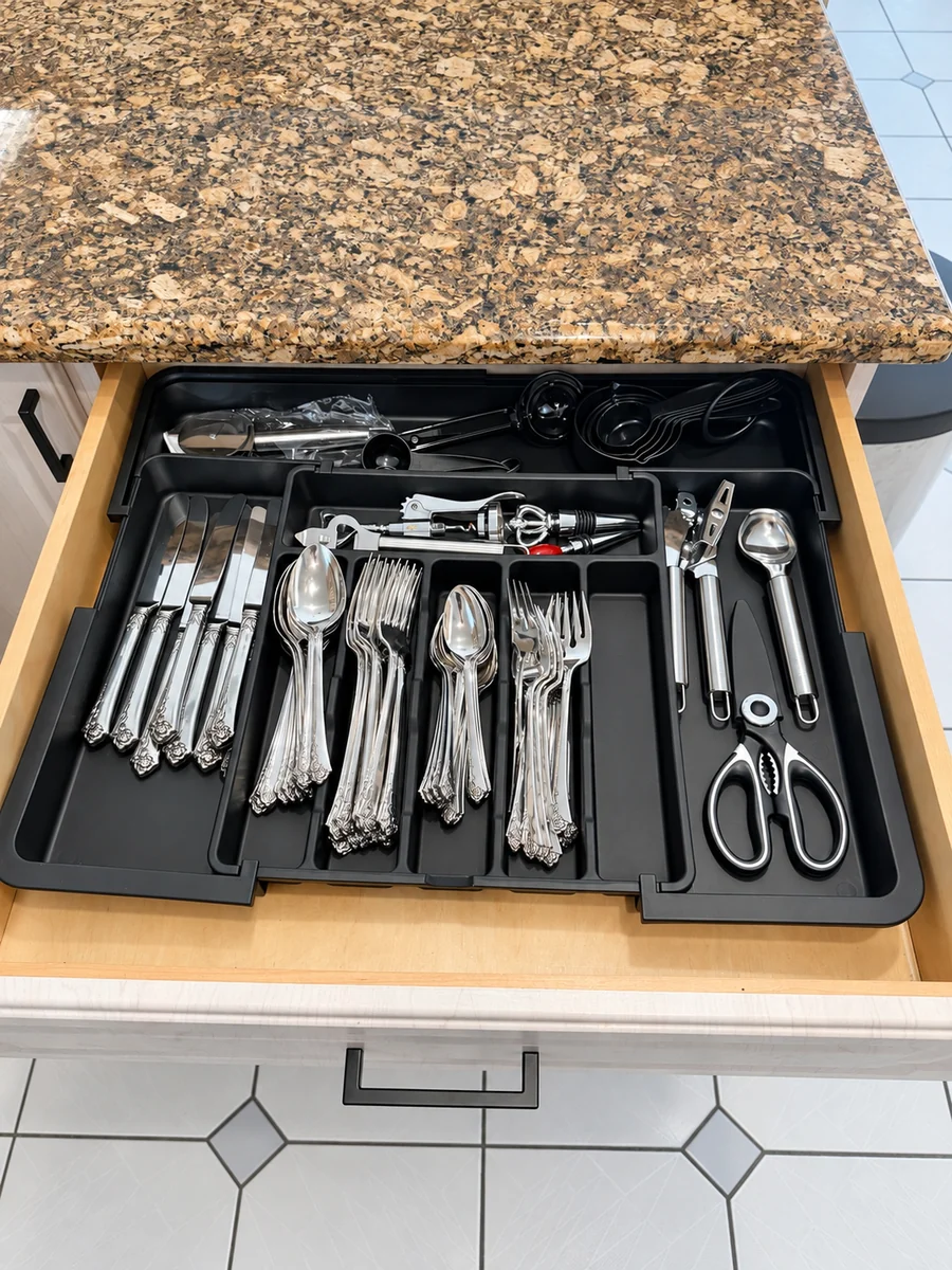 Open drawer with forks, spoons, knives, measuring utensils, and kitchen scissors